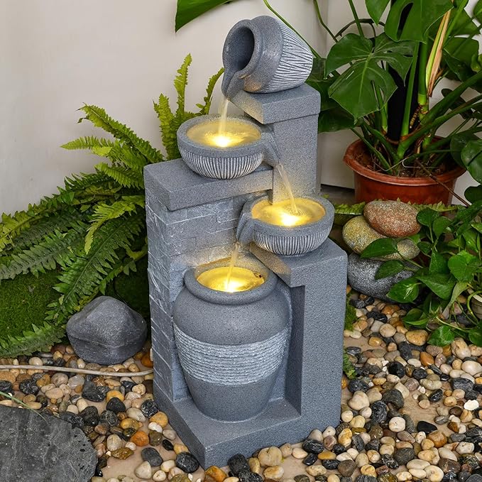 31.89" Outdoor Garden Water Fountain with Lights 4 Tiers Cascading Large Waterfall Floor Standing Fountain for Patio, Backyard, Deck, Porch and Home Art Decor
