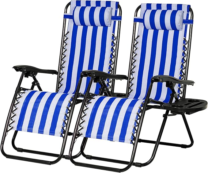 Nazhura Set of 2 Relaxing Recliners Patio Chairs Adjustable Steel Mesh Zero Gravity Lounge Chair Beach Chairs with Pillow and Cup Holder (Navy Blue Stripe) by NazhuraGoodCompanionAtHome