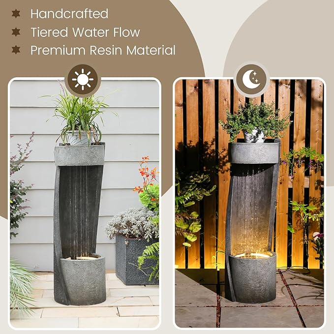 35" Modern Outdoor Patio Water Fountain & Rainfall Feature – Resin Garden Waterfall Fountain with Light Spiral Indoor Water Feature for Patio, Yard, Porch Decor – Gray