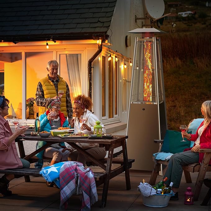 OLIXIS 48000 BTU Pyramid Patio Heater, Outdoor Heater with Wheels and Ignition, Propane Patio Heater for Home, Backyard, Garden, Deck and Patio, Silvery