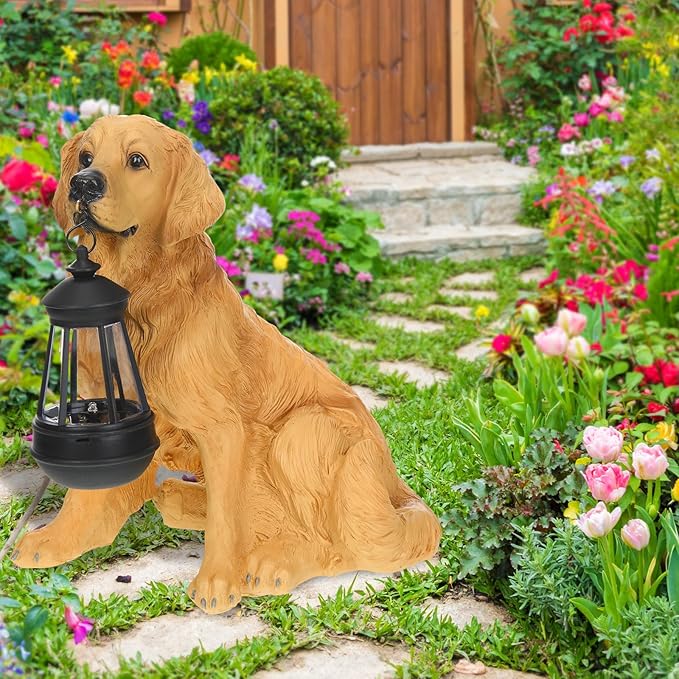 Baquler Garden Dog Statues Outdoor Decor, Resin Solar Lights Outdoor Statue Led Garden Decorations Windproof Lamp Lawn Ornaments Front Yard Decorations Outdoor for Porch Home Patio(Golden Retriever)