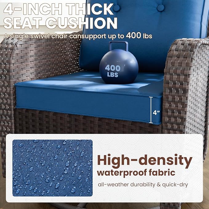 Gotland 12 Pieces Patio Furniture Set with Swivel Chair, PE Rattan Outdoor Furniture with 29.5'' High Backrest 4’’ Thick Cushions Coffee Table, Patio Set for Porch, Deck, Backyard, Navy