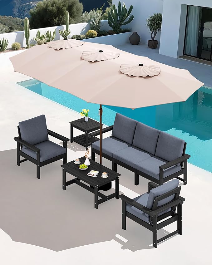 SERWALL HDPE Patio Furniture Set with 15FT Patio Umbrella, 7-piece Outdoor Sectional Sofa Set, All Weather Patio Couch Set for Deck, Black & Grey(Umbreall Base not Included)