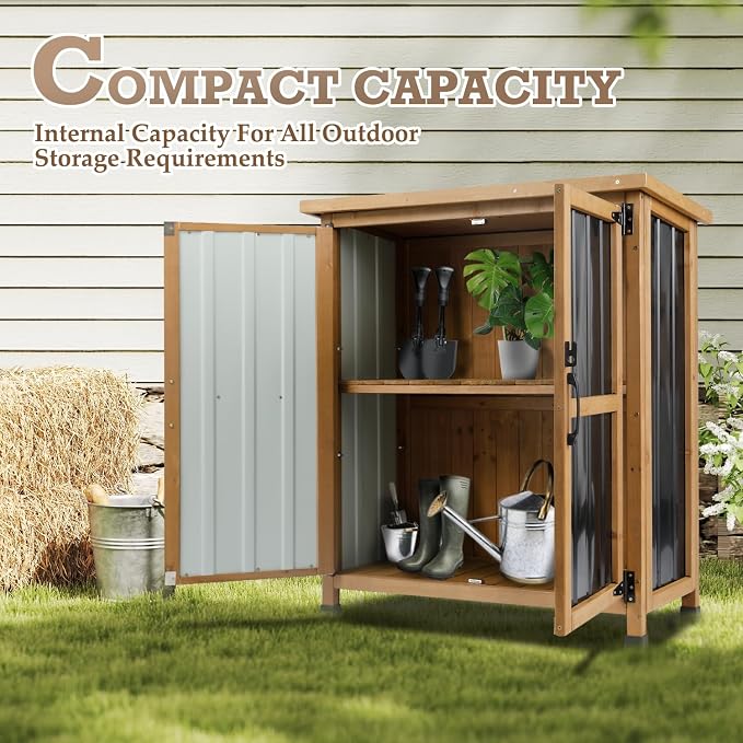 Outdoor Storage Cabinet Waterproof with Shelves, Storage Box with Lockable Doors, Wood & Metal Patio Yard Pool Garden Storage Cabinet Organizer, Gifts for Women Men - Image 3