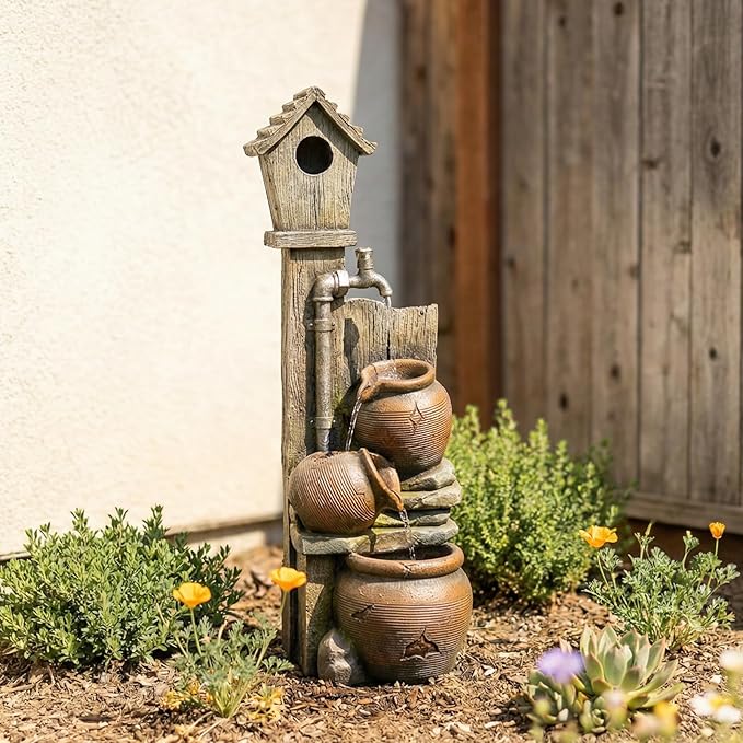 Water Fountain Birdhouse Outdoor Fountain, 37" Tall Garden Fountain Tiered Waterfall Fountain with Cascading Pots, Farmhouse Water Feature for Patio Backyard Yard Lawn Garden Decor