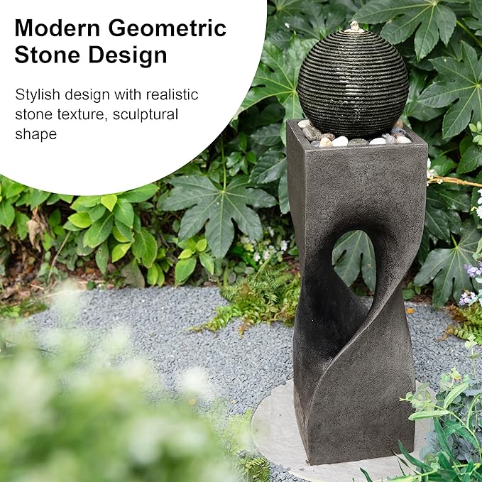 Glitzhome Outdoor Water Fountain, Outdoor Fountain with Lights, 36.5" H Modern Geometric Pedestal and Sphere Polyresin Outdoor Floor Standing Fountain with Pebbles, Pump for Garden, Patio, Backyard