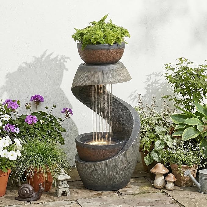 31.9" Outdoor Water Fountain with Lights, Modern S-Shaped Waterfall Fountain Garden with Bowl, Resin Outside Water Feature for Garden Patio Yard Deck Balcony, Indoor Outdoor Water Fountains