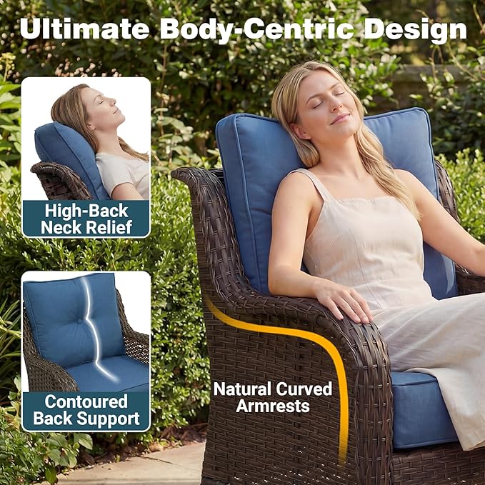 Patio Furniture Set, 12PCS Outdoor Wicker Conversation Set with 6" Thick Cushions, High Back Rattan Sofa & Swivel Rocker Chairs, Weather Resistant Olefin Fabric for Garden, Poolside, Navy Blue