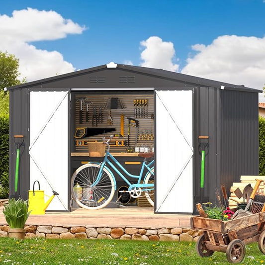 AECOJOY 8' x 10' Outdoor Storage Metal Shed, Dark Grey Steel Yard Shed & Outdoor Storage Clearance with Design of Lockable Doors, Utility and Tool Storage for Garden, Backyard, Patio, Outside use by AECOJOY