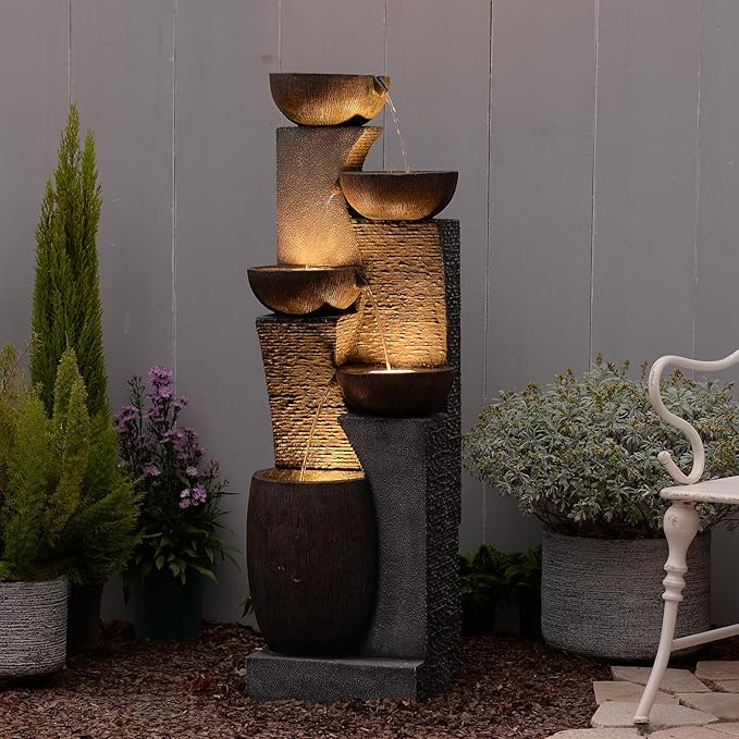 51.6'' H Tall Outdoor Water Fountain, 5-Tier Resin Cascading Crock Bowls with LED Lights, Garden Water Feature and Waterfall for Porch, Deck, Patio, Yard, and Home Décor, Dark Gray