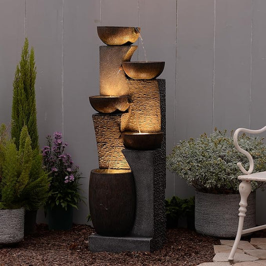 51.6'' H Tall Outdoor Water Fountain, 5-Tier Resin Cascading Crock Bowls with LED Lights, Garden Water Feature and Waterfall for Porch, Deck, Patio, Yard, and Home Décor, Dark Gray