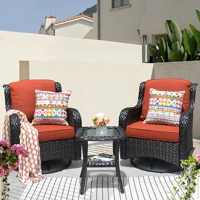 HOOOWOOO Patio Furniture Set,3 Piece Outdoor Furniture with Swivel Chairs,Wicker Patio Bistro Chairs Set,Orange Red