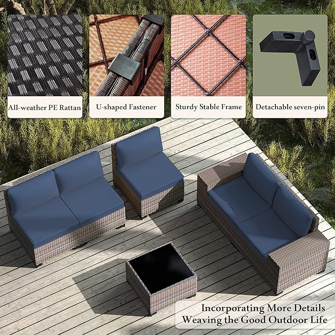 12 PCS Outdoor Patio Furniture Set,Outdoor Sectional Furniture All Weather PE Rattan Wicker Patio Conversation Set with 2 Coffee Tables and 10 Thickened Cushions,Navy Blue