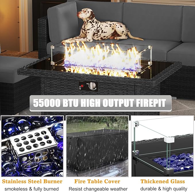 LayinSun 7 Pieces Outdoor Patio Furniture Set with 44" Fire Pit Table Rattan Sectional Sofa Conversation Sets