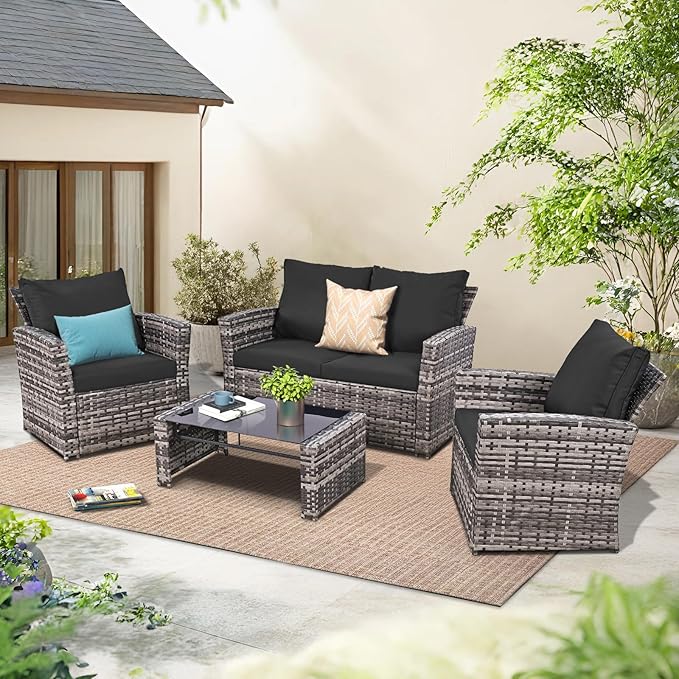 FHFO Oversized 4 Piece Outdoor Patio Furniture Set,Wicker Conversation Sets Outdoor Sectional Patio Sofa Couch with Cushions & Coffee Table for Outside, Garden, Balcony, Porch, Grey/Black