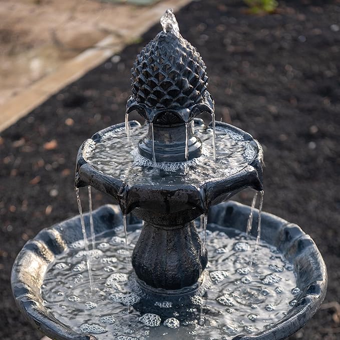 XBrand 44" Solar Powered 2-Tier Outdoor Water Fountain, Fiberglass Resin Fountain with Solar Panel and Auto Shut-Off Pump, Black