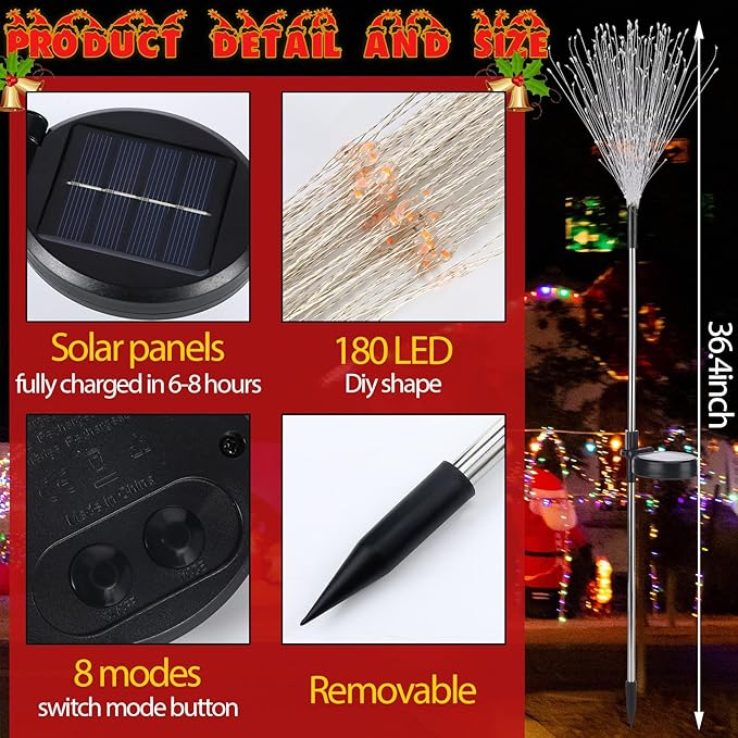 6 Pcs Christmas in July Solar Firework Stake Lights 180 LED 8 Modes Solar Waterproof LED Sparkler Lights Outdoor Decoration for Garden Patio Yard Pathway Walkway Lawn Xmas (Red Green White)