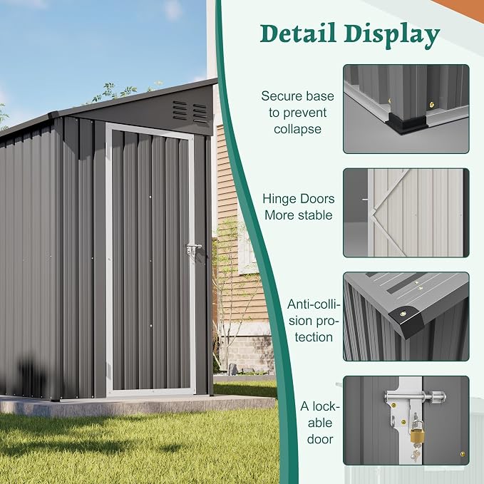 YOPTO 4×8 FT Lean to Metal Shed,Outdoor Heavy-Duty Storage Shed with Floor Base,All Weather Waterproof Garden Tool House W/Lockable Door&2 Air Vents,Reversible Door Design,for Backyard,Patio,Lawn,Gray - Image 12
