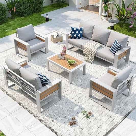 Aoxun Aluminum Patio Furniture Set, 5 Piece Luxury Outdoor Sectional with 6" Olefin Fabric Cushions, Patio Conversation Sets with Coffee Table and Waterproof Cover for Backyard, Porch Grey