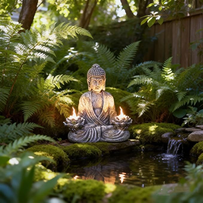 Buddha Statue Zen Sculpture 11.4in Yoga Garden Decor with LED Solar Lotus Lights, Sitting Meditating Buddha Serene Resin Figurine for Patio Yard Lawn Ornaments,Inside or Outside