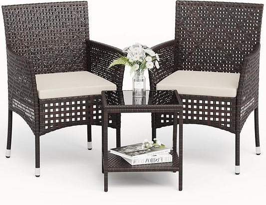 Devoko Patio Furniture Set 3 Pieces Outdoor Wicker Chairs Set of 2 with Coffee Table for Outside Porch Balcony (Brown)