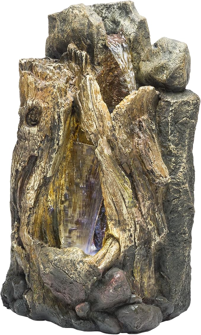 Alpine Corporation WIN270S Indoor/Outdoor Floor Rainforest Fountain with LED Lights, Tree Trunk Waterfall Fountain 22", Brown