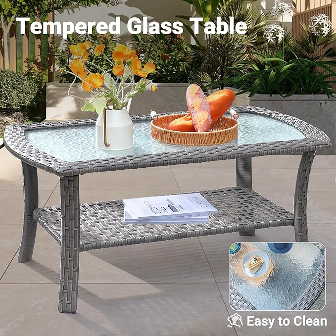 ovios 4-Piece Patio Furniture Set, Outdoor Wicker Sofa with Chairs Coffee Table, High Back Rattan Couch Loveseat with Comfy Cushions for Porch Yard Deck, Grey