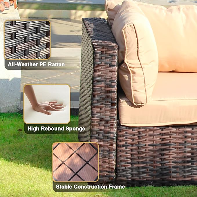 12 Piece Patio Furniture Set with Fire Pit Table All Weather PE Rattan Outdoor Sectional Sofa Couch with No-Slip Cushions and Glass Top Table for Garden, Poolside, Backyard (Beige)