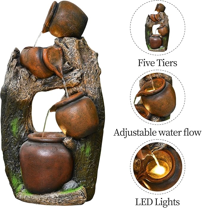 30" Outdoor Garden Water Fountain with Lights 4 Tiers Cascading Large Waterfall Floor Standing Fountain for Patio, Backyard, Deck, Porch and Home Art Decor