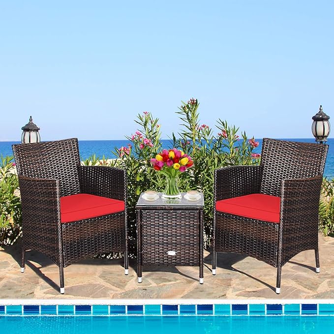 HAPPYGRILL 3-Piece Patio Furniture Set Outdoor Rattan Wicker Conversation Set with Coffee Table Chairs & Thick Cushions Bistro Sets for Patio Garden Lawn Backyard Pool