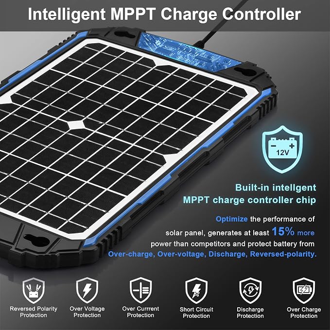 SUNER POWER Waterproof 12W 12V Solar Battery Charger & Maintainer Pro, Built-in UltraSmart MPPT Charge Controller, 12 Volt Solar Panel Trickle Charging Kits for Car Automotive Boat Marine RV Trailer - Image 2