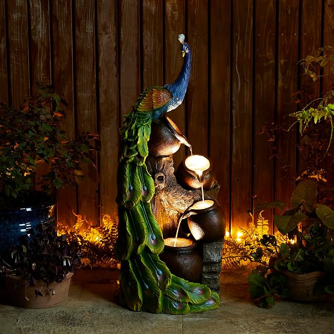 Glitzhome 4-Tier Peacock and Jars Outdoor Water Fountain with LED Light, 40”H Oversized Resin Peacock Sculpture Waterfall Fountain with Submersible Pump for Garden Patio Porch