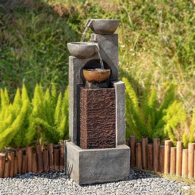 YZM 42.91" H Water Fountain Outdoor Garden Waterfall Fountains Indoor Bowl Cascading Water Feature with Led Lights 4-Tier for Home Deck Patio Porch Yard Decor