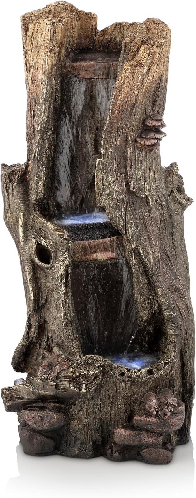 Alpine Corporation WIN258 Outdoor Rainforest Waterfall Tree Trunk Floor Fountain with LED Lights, Tiered Garden Decor, 41" H, Brown