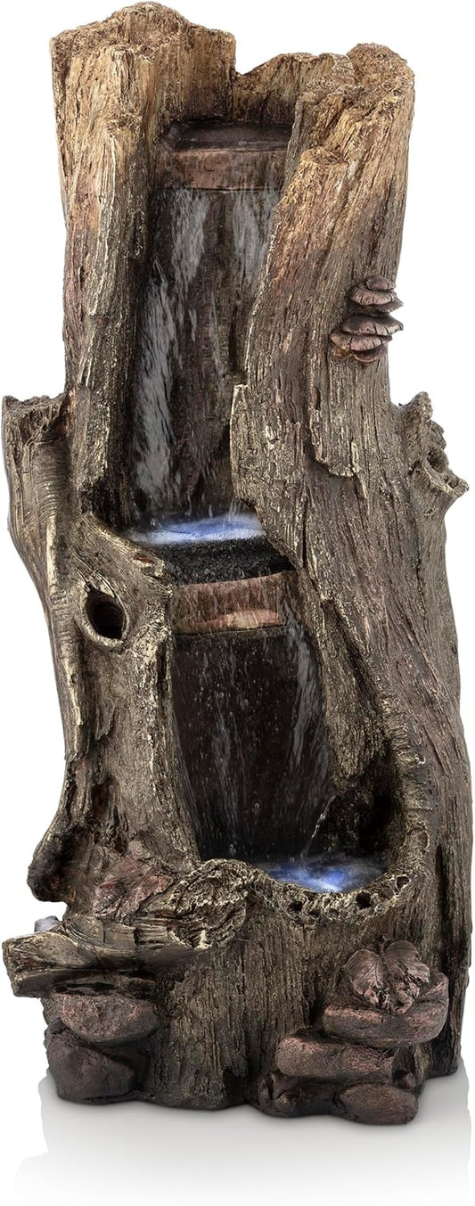 Alpine Corporation WIN258 Outdoor Rainforest Waterfall Tree Trunk Floor Fountain with LED Lights, Tiered Garden Decor, 41" H, Brown