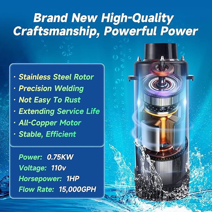 RELIY Pond Fountain Aerator, 1HP 110V 15000 GPH Fountain Pump, Fully Automatic Powerful Lake Floating Fountain, 100 FT Power Cord, 2x100 FT Traction Rope, (Stainless steel+Time switch)