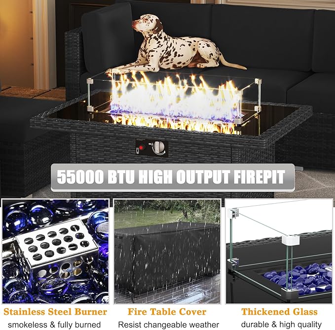 LayinSun 7 Pieces Outdoor Patio Furniture Set with 44" Fire Pit Table Rattan Sectional Sofa Conversation Sets