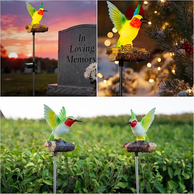 Hummingbird Solar Garden Statue with Motion Sensor Realistic Chirping Sound Lifelike LED Solar Powered Outdoor Decor for Yard Patio Cemetery Memorial Gift for Mom Grandma
