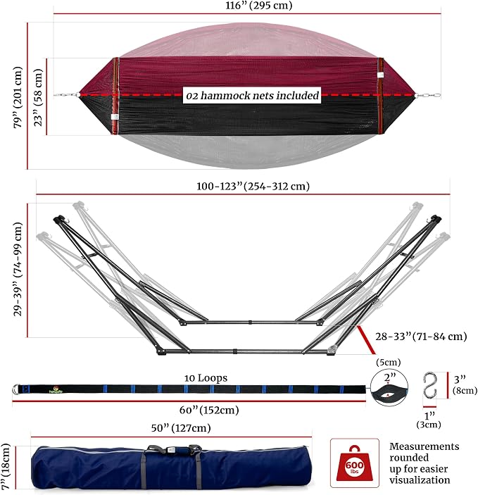 Tranquillo Combo x2 Hammocks with Stand for Outside & Tree Straps, Heavy Duty Hammock with Stand 600lbs for Indoor Outdoor Patio Backyard, x2 Hammocks for 2 Person (Combo - Red, Medium) - Image 7