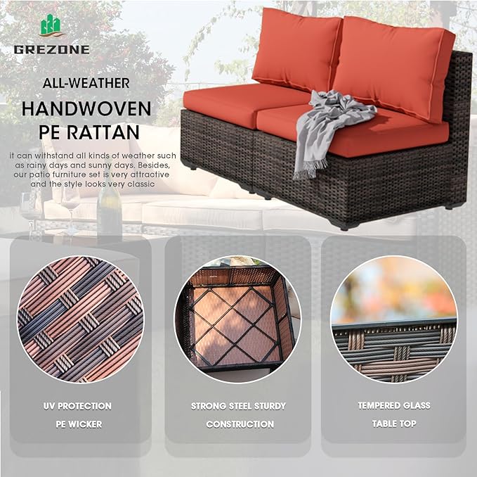 Grezone 5 Piece Patio Furniture Set with 44" Fire Pit Table, Outdoor Sectional Couch, PE Rattan Patio Conversation Sets with 4inch Cushions for Backyard Red