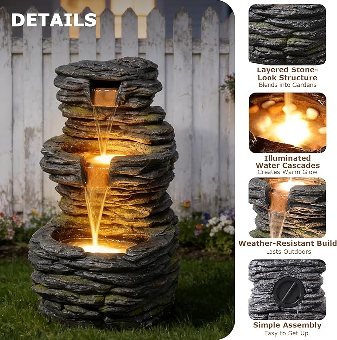 28.8” Tall Rock Water Fountain Outdoor Garden, 3-Tiers Cascading Rock Natural Waterfall Fountains with LED Lights, Indoor Resin Water Feature Fountain for Patio, Backyard, Deck, Porch