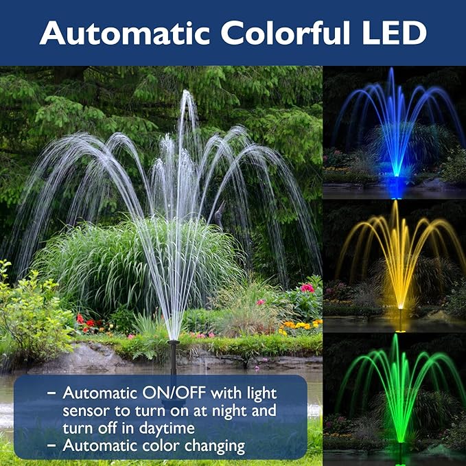 AquaMiracle Pond Fountain Pump with Automatic Colorful LED for Outdoor Ponds 200-600 Gal, 600GPH Submersible Water Pump for Fountain, Pond, Garden, Water Feature, Bird Baths