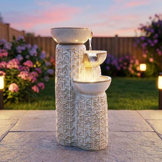 28" H Ceramic Outdoor Water Fountain with LED Lights, 3-Tier Cascading Bowls Water Feature, Tranquil Waterfall for Relaxing Garden, Patio, Yard, or Porch, Beige Glaze, Embossed Leaf Patterns