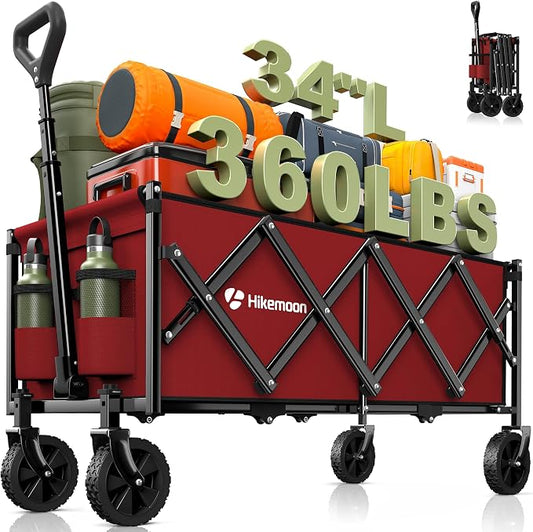 Hikemoon 34'' Extra Long Collapsible Wagons Carts Foldable, 360LBS Heavy Duty Folding Beach Wagon with Wheels, Portable Utility Outdoor Cart for Grocery, Garden, Sports, Camping, Red by Unknown