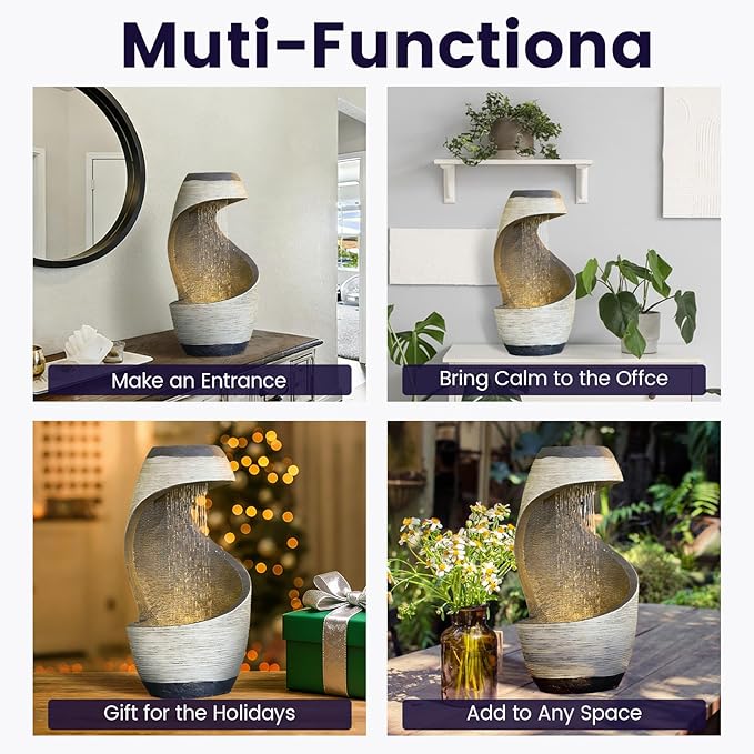Modern Free Standing Water Fountain, Spiral Indoor Water Feature Waterfall for Patio, Balconies, Lawns, Desk 20" H Garden Fountain with Cascading Waterfall and LED Light, Home Decor