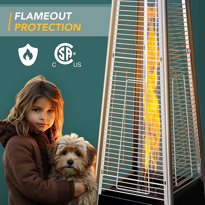 Pamapic Patio Heater with Cover, 48,000 BTU Pyramid Flame Outdoor Heater Quartz Glass Tube 87" Propane Heater