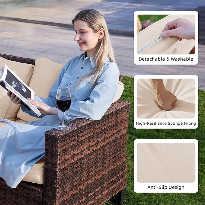 UDPATIO 5 Pieces Patio Furniture Set with Fire Pit Table, Outdoor Conversation Set with Rocking Swivel Chairs, Wicker Furniture Set with Waterproof Cover, 4'' Thickened Cushion, Khaki