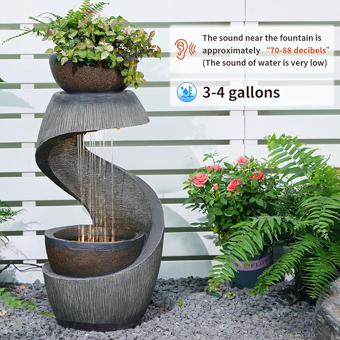 31.9" S-Shaped Outdoor Water Fountain with Lights – Resin Waterfall Fountain Outdoor with Planter Bowl, Modern Grey Garden Water Feature for Patio, Balcony, Yard, Home Decor