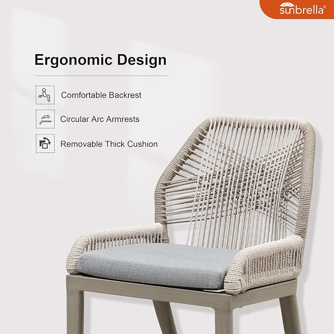 PURPLE LEAF 5 Pieces Round Dining Set Patio Aluminum Modern Oversize Round Table and Wicker Chairs with Cushions for Kitchen Porch Garden Outdoor Furniture Sets, Light Grey - Image 3