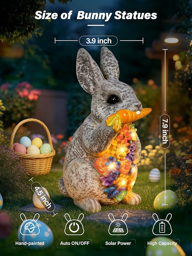 Solar Garden Statues, Outdoor Solar Bunny Easter Decor with Succulent and 6 LED Lights, Outside Yard Figurine Decor for Garden, Lawn, Patio, Balcony, Porch, Unique Gifts for Mom Grandma
